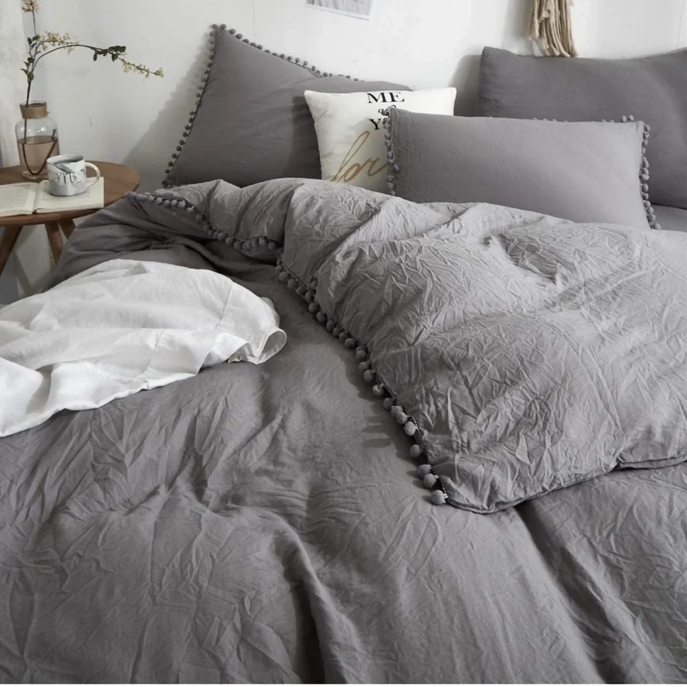 New GREY Pom Pom Fringe Duvet Cover Set